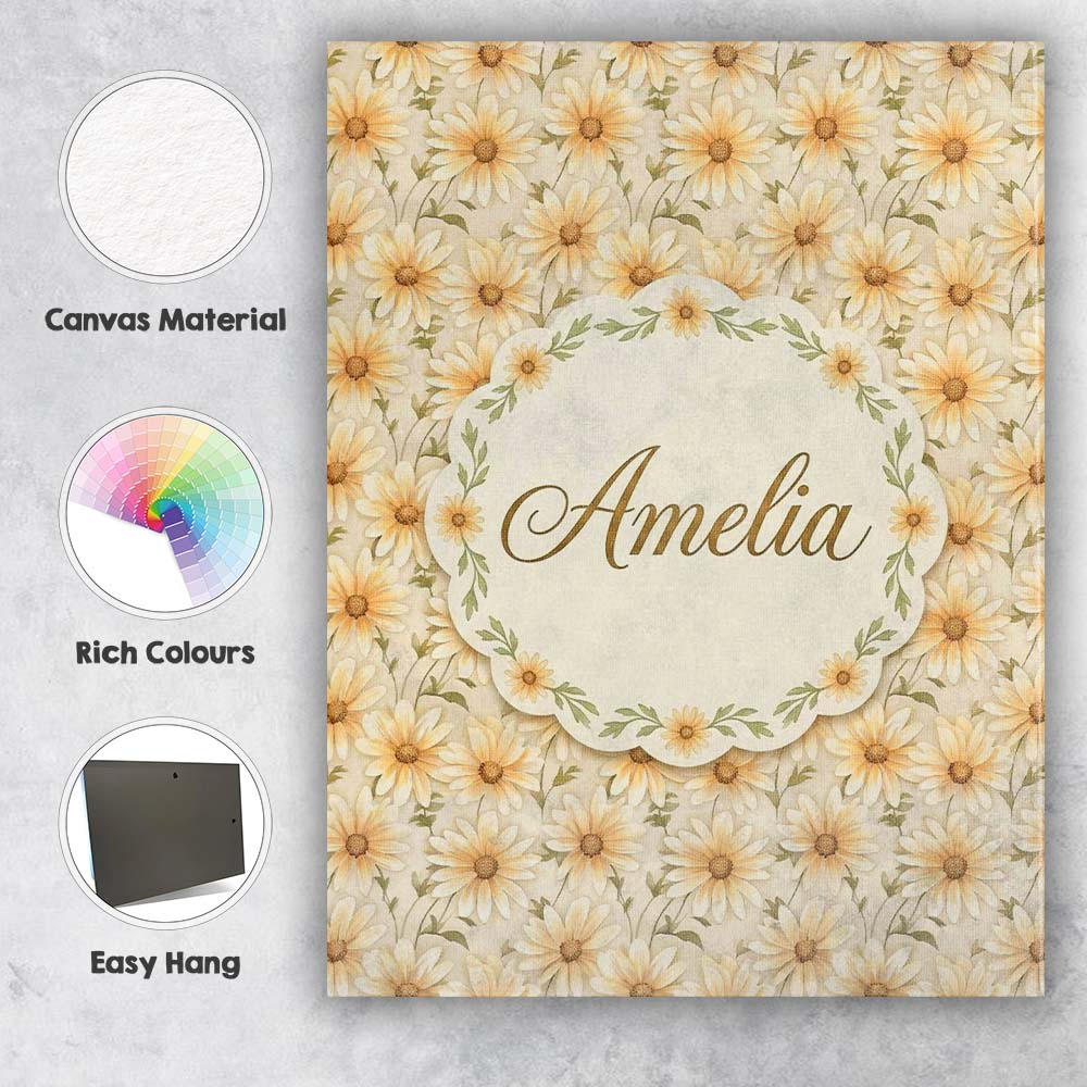 Personalised Name Warm Cream Yellow Daisy Custom  Unique Gift Idea Elegant Feature Canvas Wall Art Print Decor Picture Ready to Hang