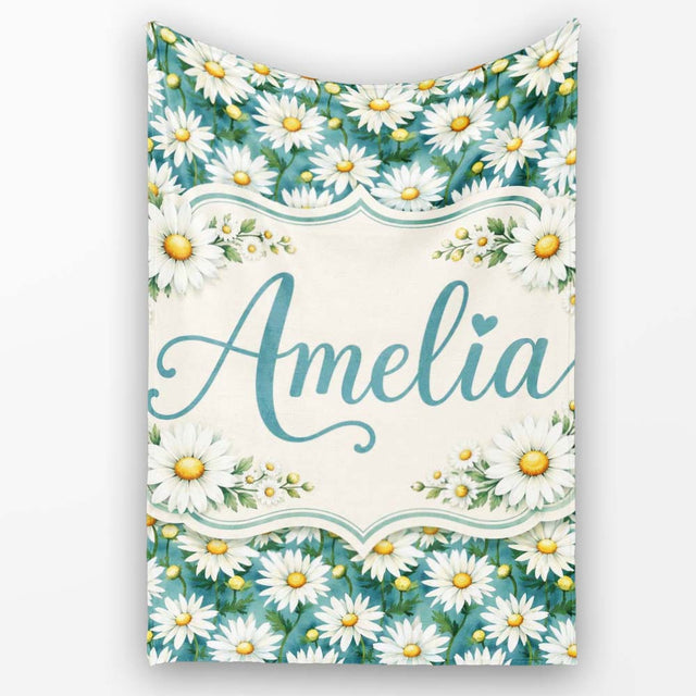 Teal Background White Daisy Garden Seamless Pattern Cute Unique Gift  Personalised Custom Name Super Soft Fleece Blanket Bed Sofa Throw