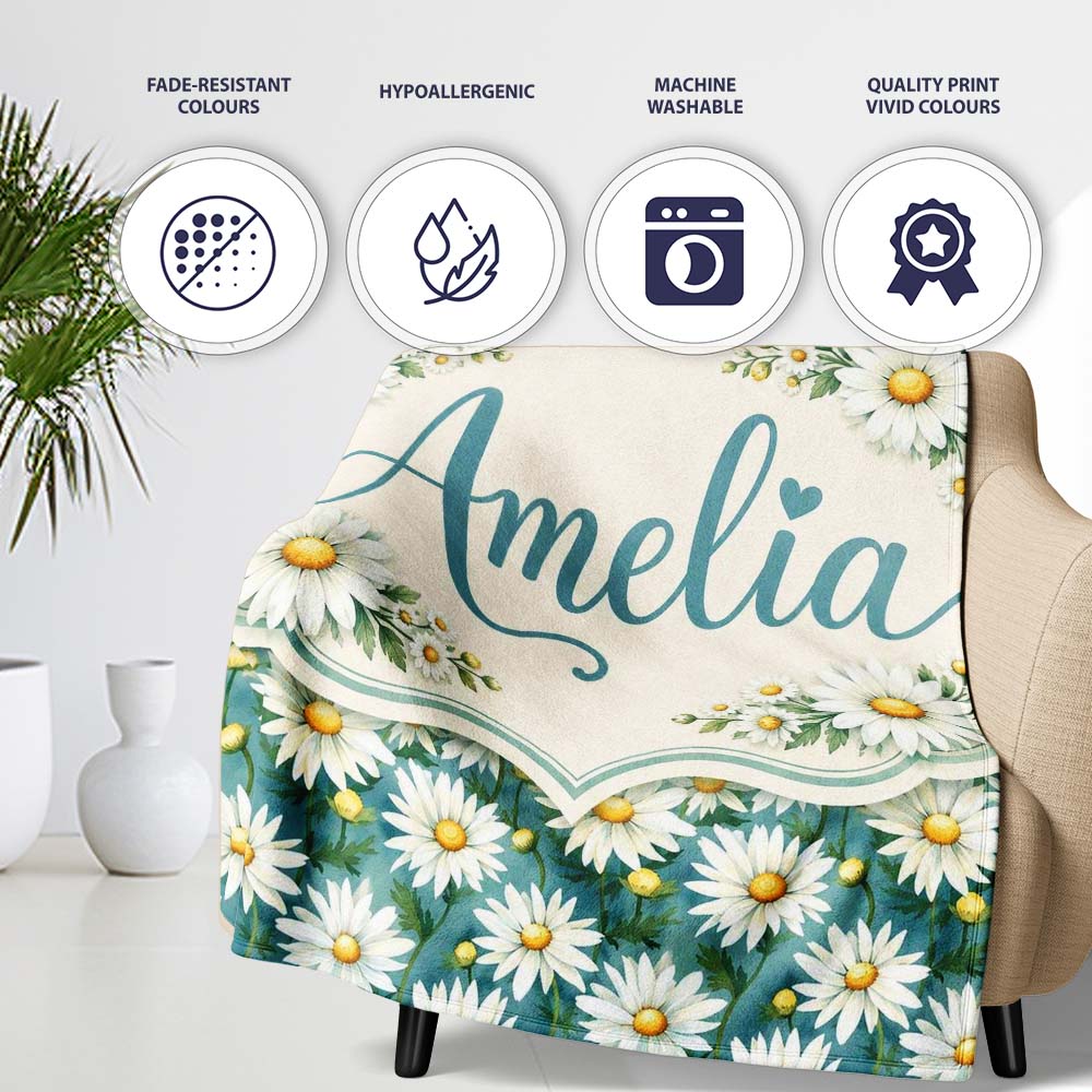 Teal Background White Daisy Garden Seamless Pattern Cute Unique Gift  Personalised Custom Name Super Soft Fleece Blanket Bed Sofa Throw