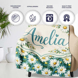 Teal Background White Daisy Garden Seamless Pattern Cute Unique Gift  Personalised Custom Name Super Soft Fleece Blanket Bed Sofa Throw