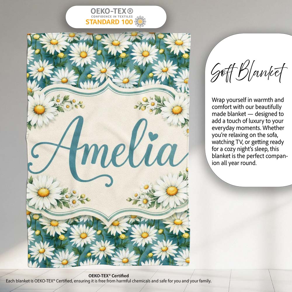 Teal Background White Daisy Garden Seamless Pattern Cute Unique Gift  Personalised Custom Name Super Soft Fleece Blanket Bed Sofa Throw