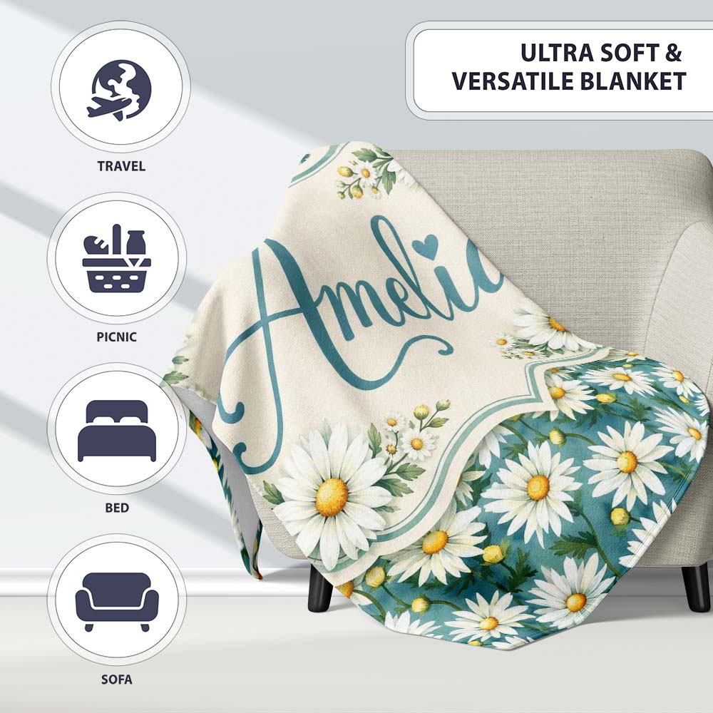 Teal Background White Daisy Garden Seamless Pattern Cute Unique Gift  Personalised Custom Name Super Soft Fleece Blanket Bed Sofa Throw