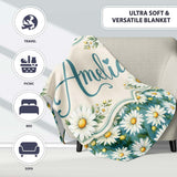 Teal Background White Daisy Garden Seamless Pattern Cute Unique Gift  Personalised Custom Name Super Soft Fleece Blanket Bed Sofa Throw