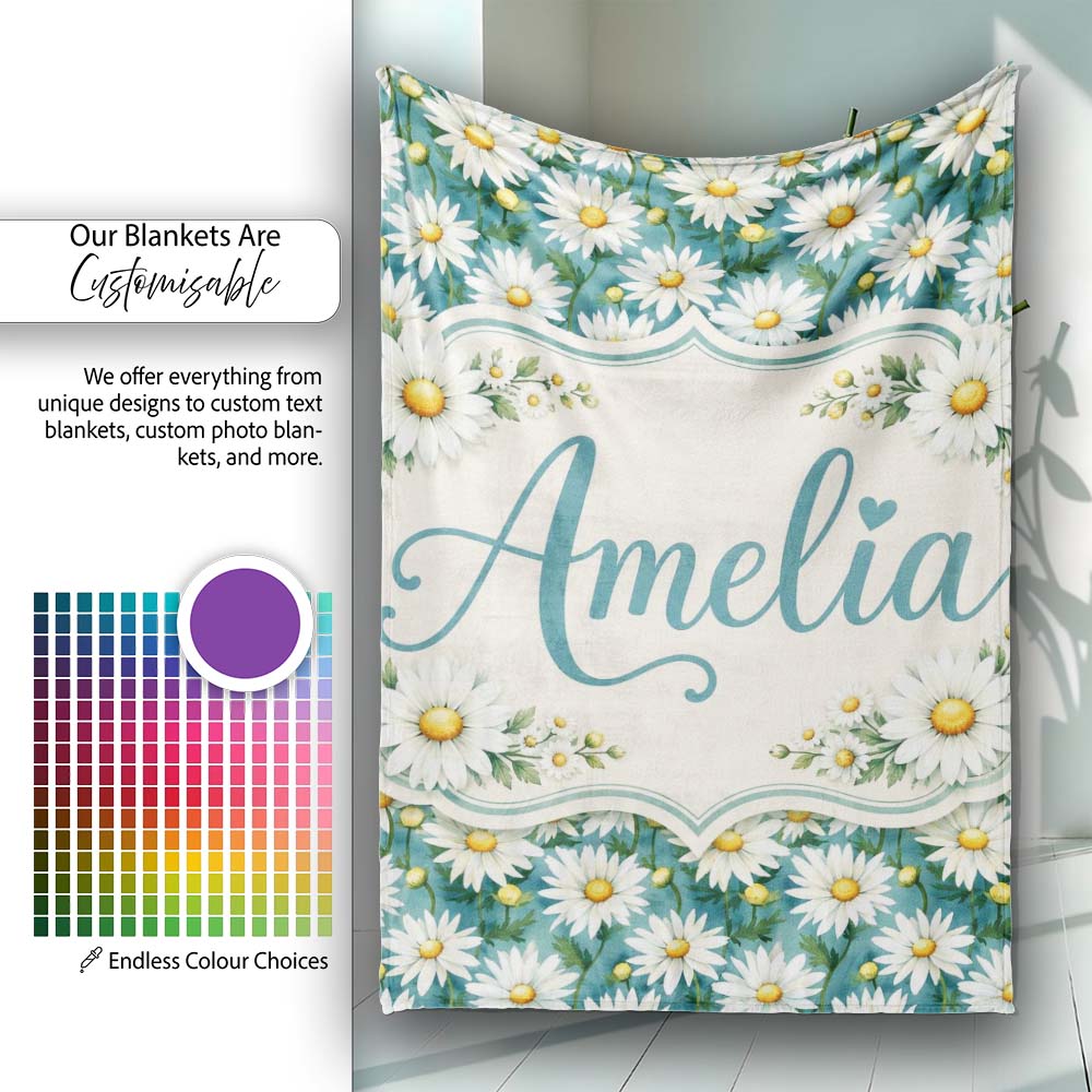 Teal Background White Daisy Garden Seamless Pattern Cute Unique Gift  Personalised Custom Name Super Soft Fleece Blanket Bed Sofa Throw