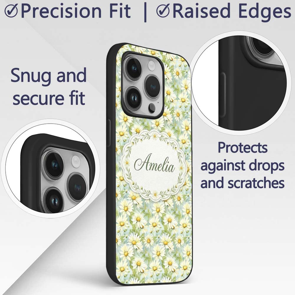 Fresh Green Watercolor Daisy Floral Seamless Custom Name Protective Phone Case Mobile Cover Durable Everyday Smartphone Shock Resistant