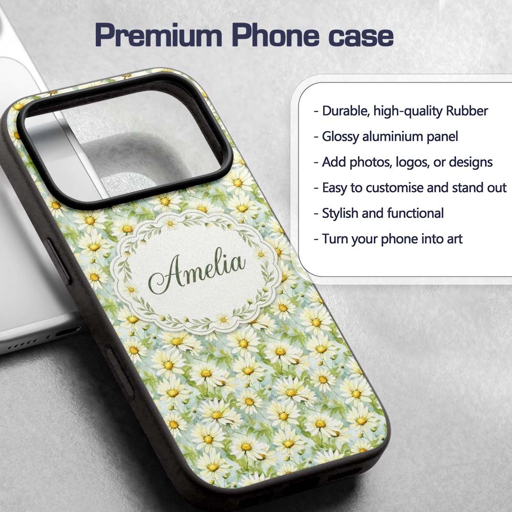 Fresh Green Watercolor Daisy Floral Seamless Custom Name Protective Phone Case Mobile Cover Durable Everyday Smartphone Shock Resistant