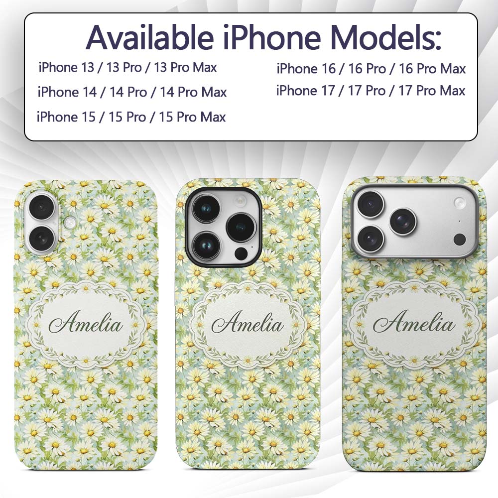 Fresh Green Watercolor Daisy Floral Seamless Custom Name Protective Phone Case Mobile Cover Durable Everyday Smartphone Shock Resistant