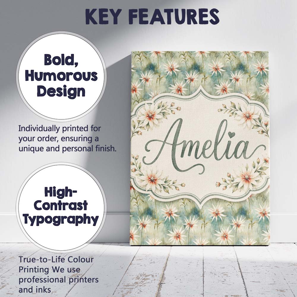 Personalised Name Soft Sage Green Starflower Custom Bespoke  Contemporary Display Canvas Wall Art Print Decor Picture Ready to Hang