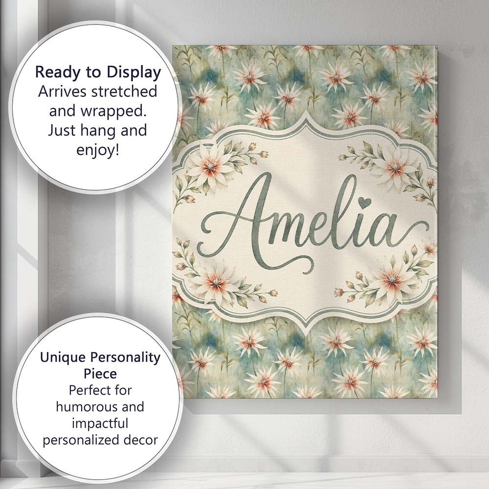 Personalised Name Soft Sage Green Starflower Custom Bespoke  Contemporary Display Canvas Wall Art Print Decor Picture Ready to Hang