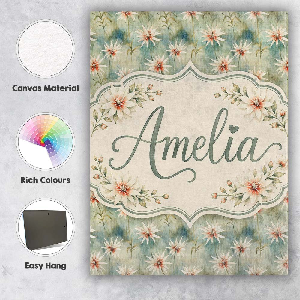 Personalised Name Soft Sage Green Starflower Custom Bespoke  Contemporary Display Canvas Wall Art Print Decor Picture Ready to Hang