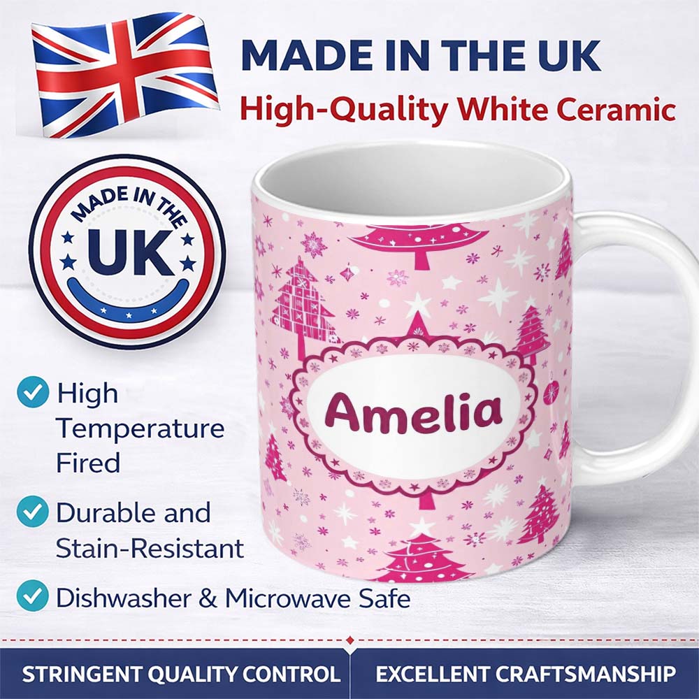 Personalized Custom Name Pink Christmas Tree Snowflake Star Winter Seamless Pattern Lovely 11oz Ceramic Coffee Tea Mug White Large Handle