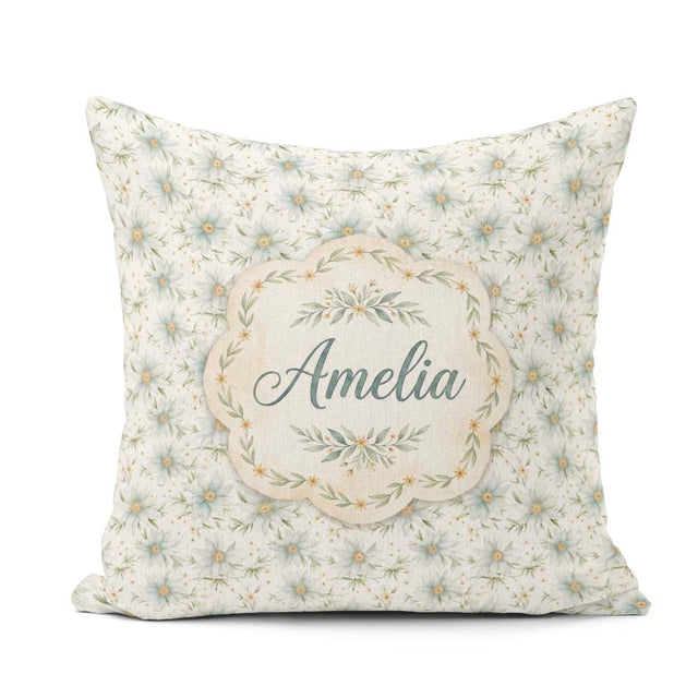 Custom Name Soft Blue Floral with Gold Speckle Seamless Pattern Square Filled Cushion Throw Pillow Sofa Bed Home Decor Zip Washable UK Made