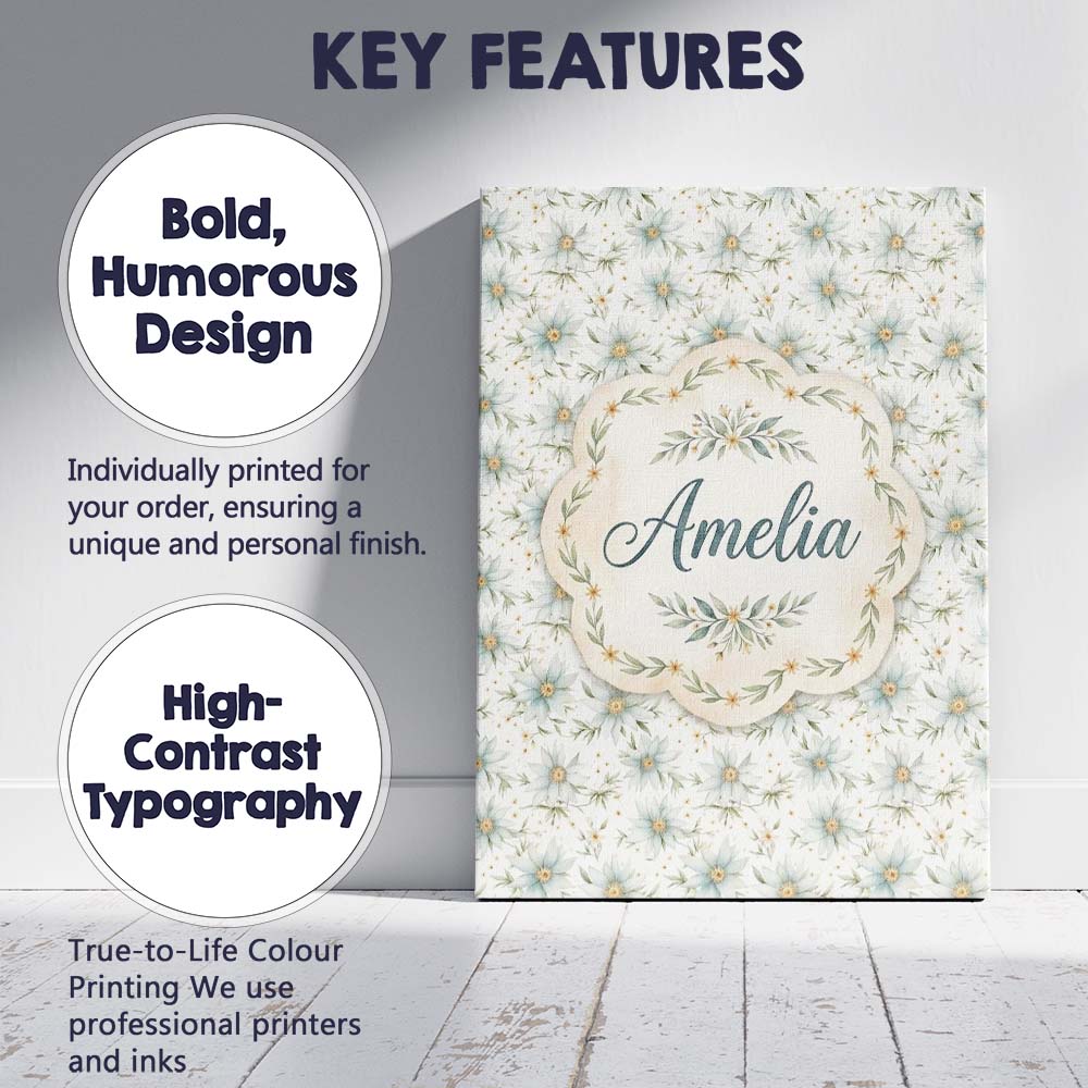 Personalised Name Soft Blue Floral with Custom  Modern Room Accent Elegant Feature Canvas Wall Art Print Decor Picture Ready to Hang