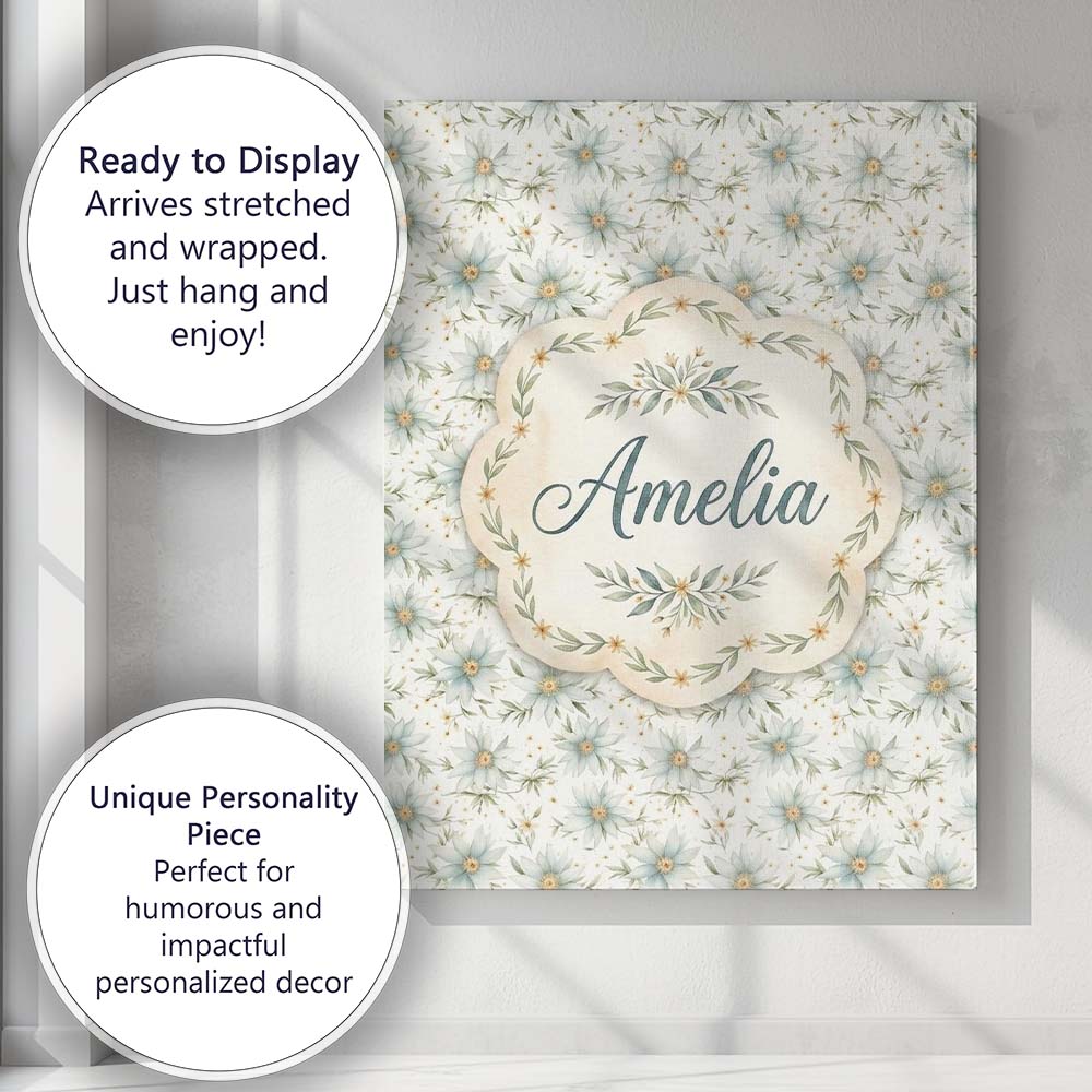 Personalised Name Soft Blue Floral with Custom  Modern Room Accent Elegant Feature Canvas Wall Art Print Decor Picture Ready to Hang