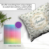 Custom Name Soft Blue Floral with Gold Speckle Seamless Pattern Square Filled Cushion Throw Pillow Sofa Bed Home Decor Zip Washable UK Made