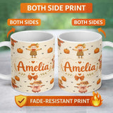 Personalized Custom Name Cute Autumn Scarecrow Pumpkin Birds Seamless Pattern Cream Lovely 11oz Ceramic Coffee Tea Mug White Large Handle