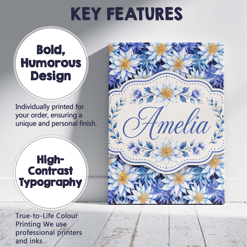 Personalised Name Bold Blue White Botanical Custom  Bespoke Interior Contemporary Canvas Wall Art Print Decor Picture Ready to Hang