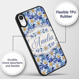 Bold Blue White Botanical Floral Seamless Pattern Custom Name Protective Phone Case Mobile Cover Durable Everyday Smartphone Shock Resistant