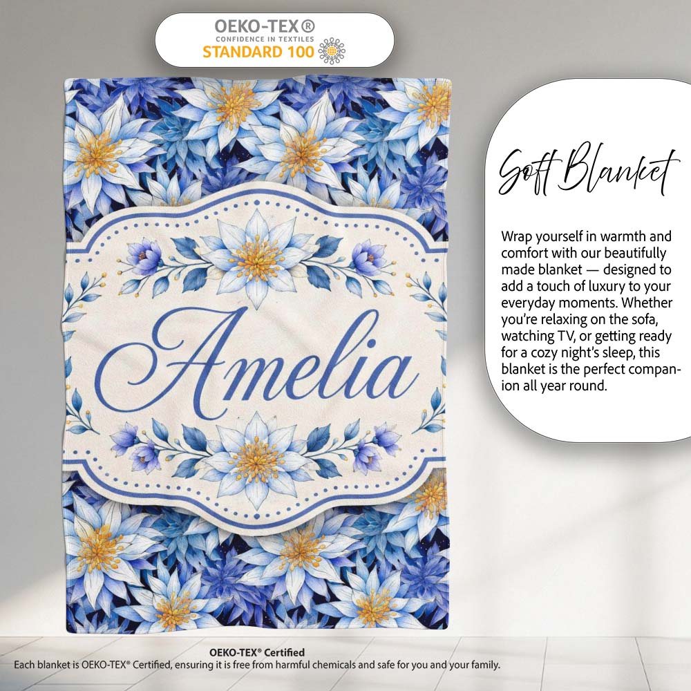 Bold Blue White Botanical Floral Seamless Pattern Cute Unique Gift  Personalised Custom Name Super Soft Fleece Blanket Bed Sofa Throw