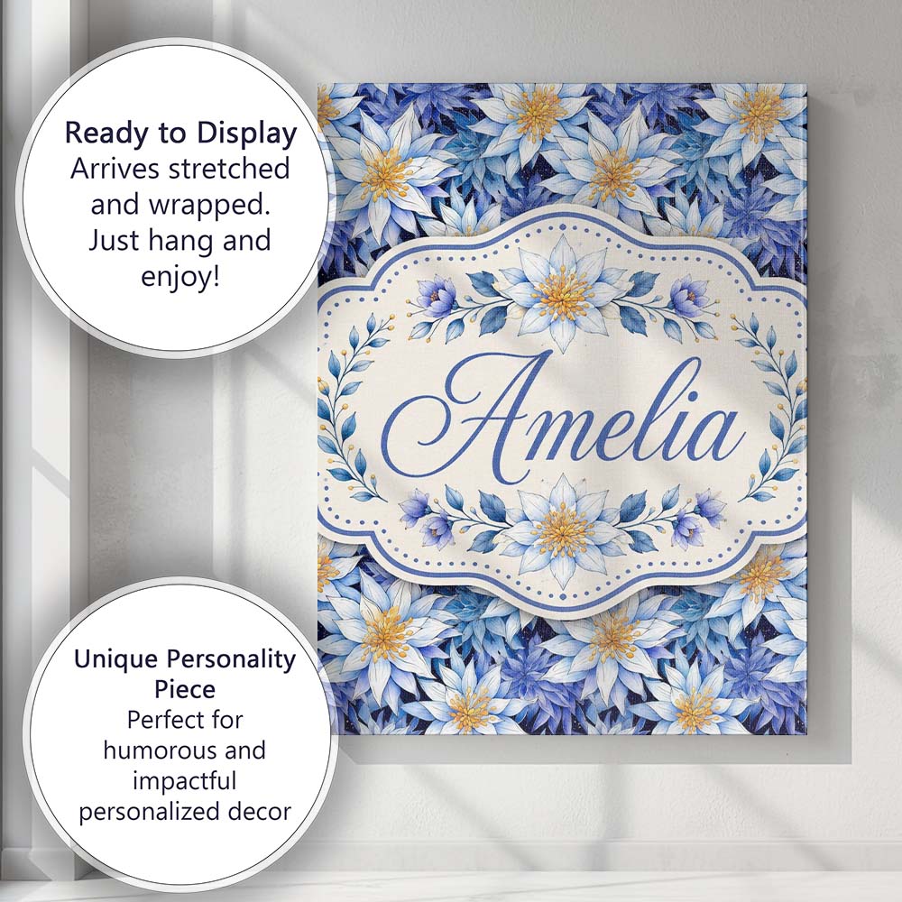 Personalised Name Bold Blue White Botanical Custom  Bespoke Interior Contemporary Canvas Wall Art Print Decor Picture Ready to Hang