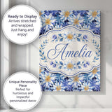 Personalised Name Bold Blue White Botanical Custom  Bespoke Interior Contemporary Canvas Wall Art Print Decor Picture Ready to Hang