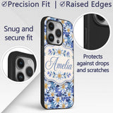 Bold Blue White Botanical Floral Seamless Pattern Custom Name Protective Phone Case Mobile Cover Durable Everyday Smartphone Shock Resistant