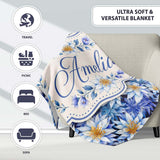 Bold Blue White Botanical Floral Seamless Pattern Cute Unique Gift  Personalised Custom Name Super Soft Fleece Blanket Bed Sofa Throw