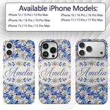 Bold Blue White Botanical Floral Seamless Pattern Custom Name Protective Phone Case Mobile Cover Durable Everyday Smartphone Shock Resistant