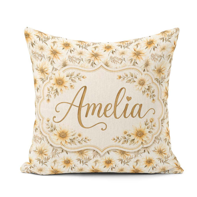 Custom Name Neutral Beige Floral Elegant Seamless Pattern Lovely Square Filled Cushion Throw Pillow Sofa Bed Home Decor Zip Washable UK Made