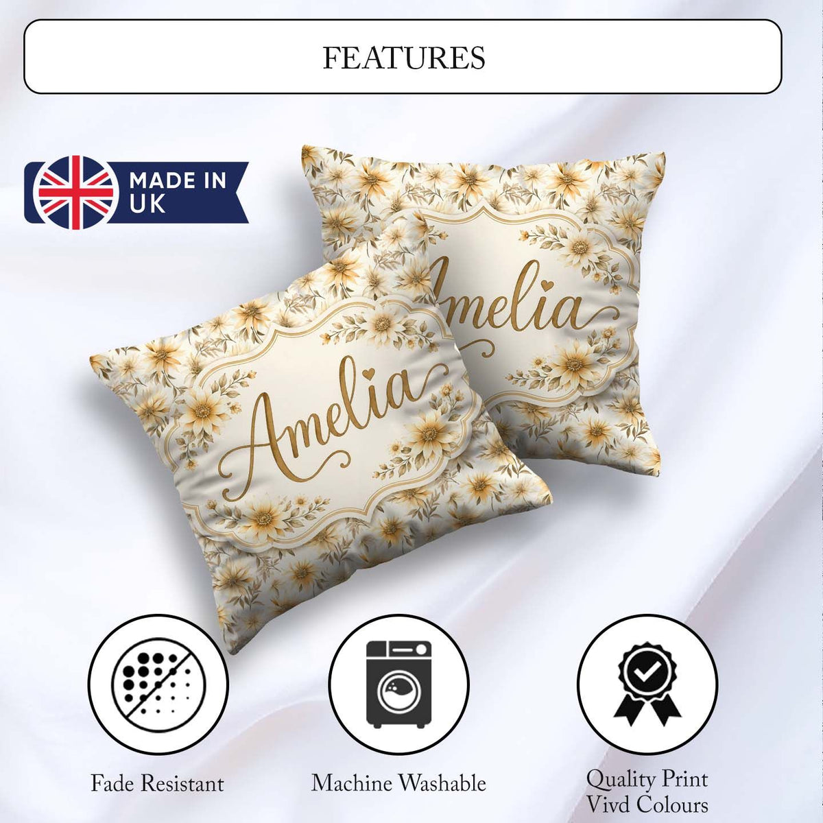 Custom Name Neutral Beige Floral Elegant Seamless Pattern Lovely Square Filled Cushion Throw Pillow Sofa Bed Home Decor Zip Washable UK Made