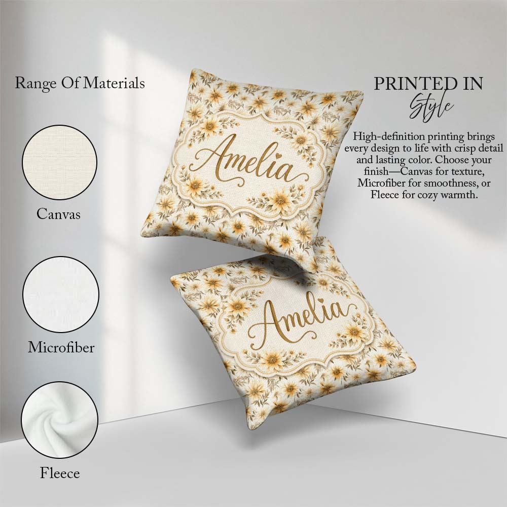Custom Name Neutral Beige Floral Elegant Seamless Pattern Lovely Square Filled Cushion Throw Pillow Sofa Bed Home Decor Zip Washable UK Made