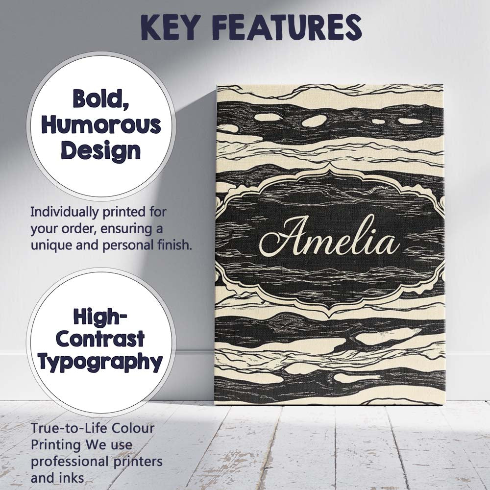 Personalised Name Fluid Marble Swirl Black Cream Abstract Flow Custom Modern Room Accent Canvas Wall Art Print Decor Picture Ready to Hang