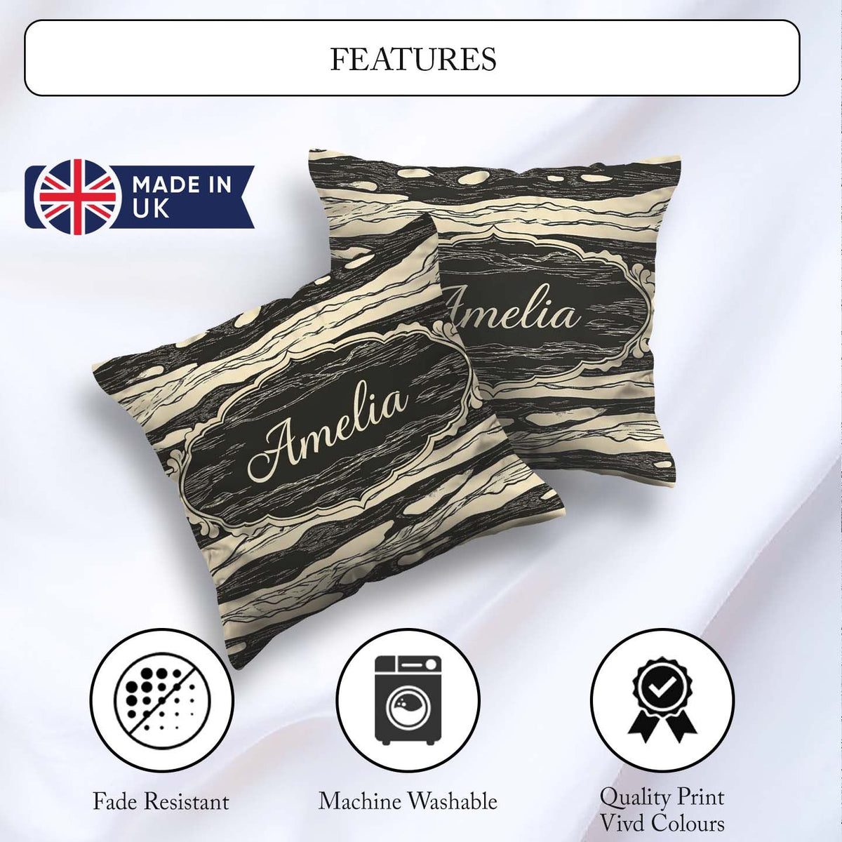 Custom Name Fluid Marble Swirl Black Cream Abstract Flow Pattern Square Filled Cushion Throw Pillow Sofa Bed Home Decor Zip Washable UK Made