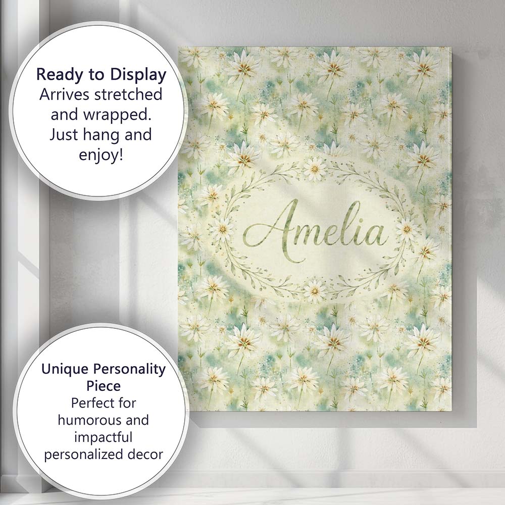 Personalised Name Soft Meadow Green Wildflower Botanical Seamless Stylish Home Interior Canvas Wall Art Print Decor Picture Ready to Hang