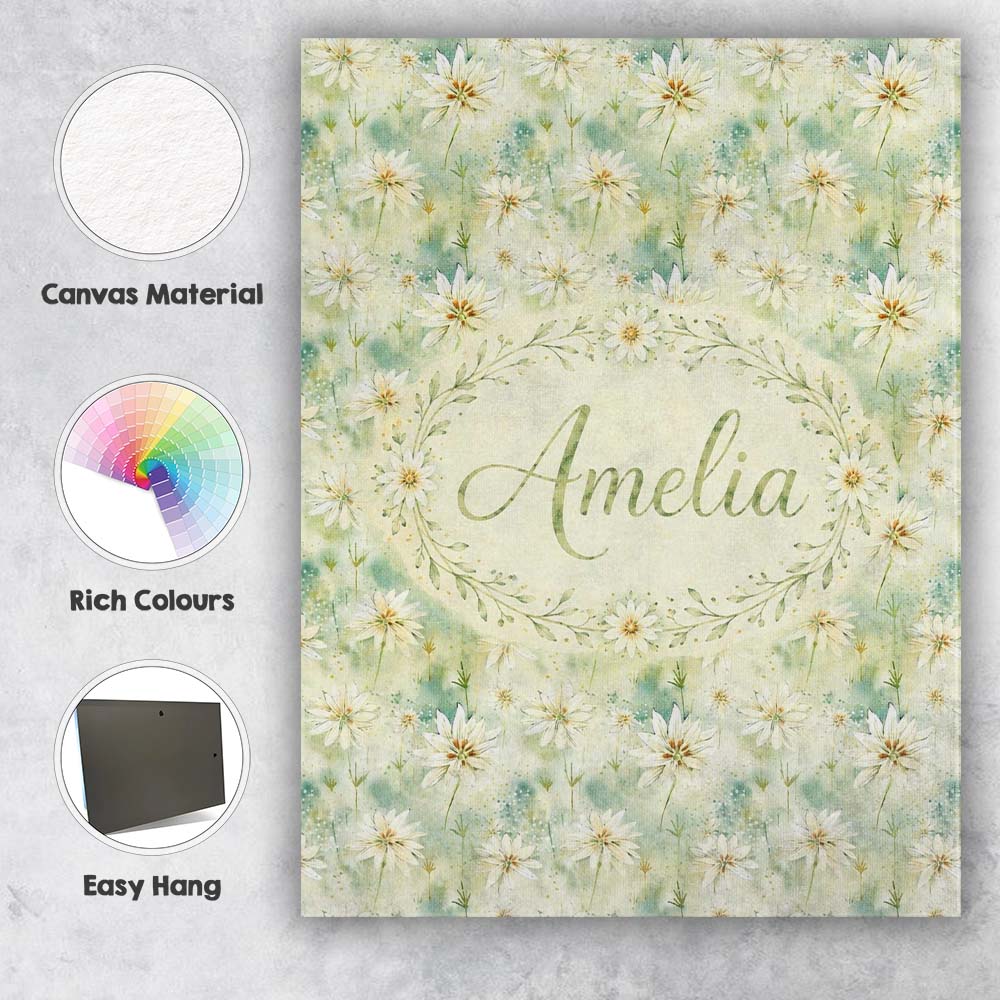 Personalised Name Soft Meadow Green Wildflower Botanical Seamless Stylish Home Interior Canvas Wall Art Print Decor Picture Ready to Hang