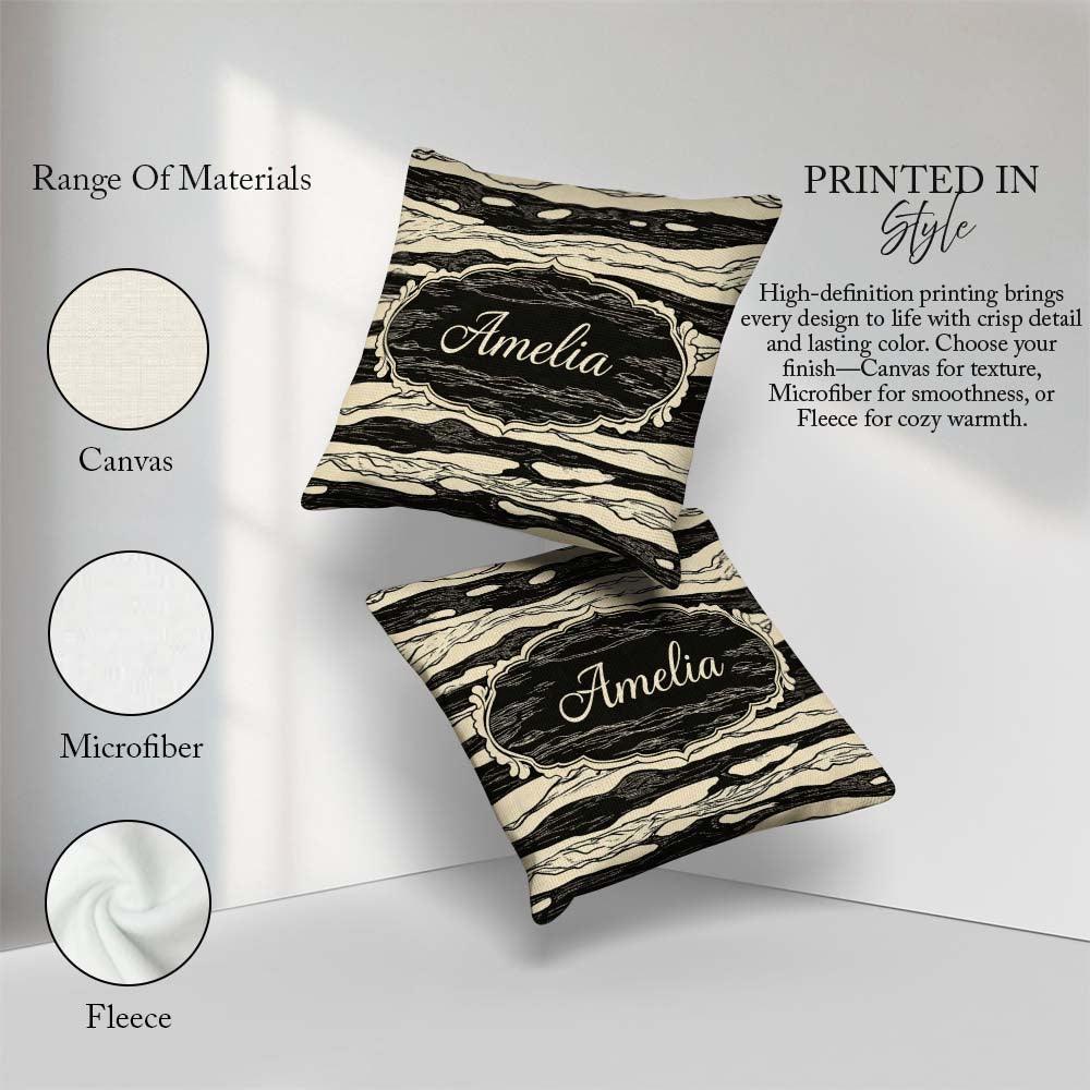 Custom Name Fluid Marble Swirl Black Cream Abstract Flow Pattern Square Filled Cushion Throw Pillow Sofa Bed Home Decor Zip Washable UK Made