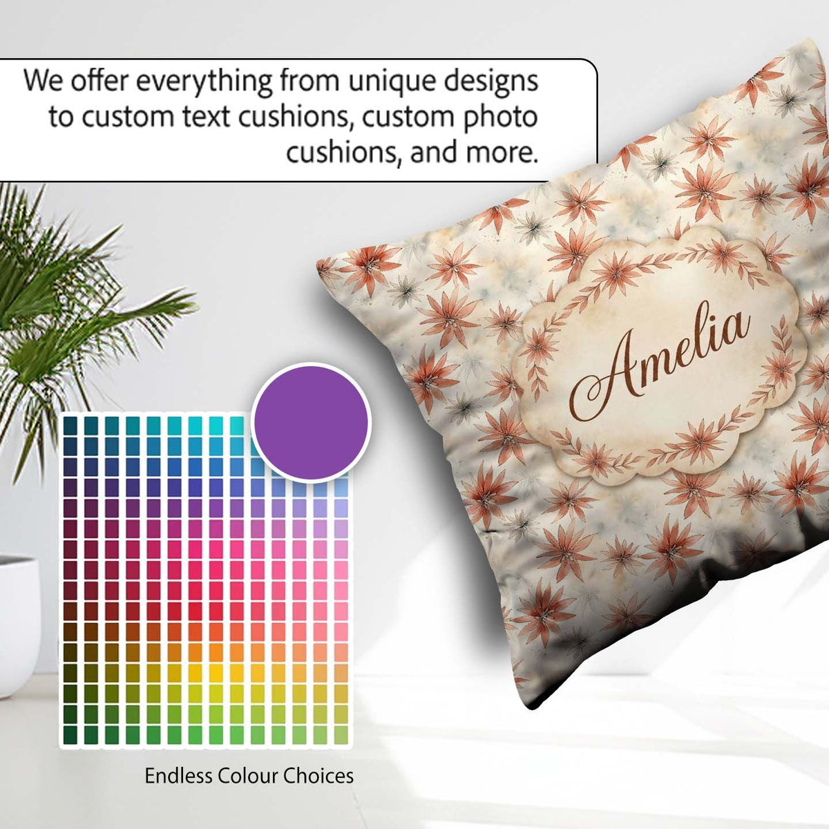 Custom Name Soft Coral Starflower Floral Seamless Pattern Lovely Square Filled Cushion Throw Pillow Sofa Bed Home Decor Zip Washable UK Made