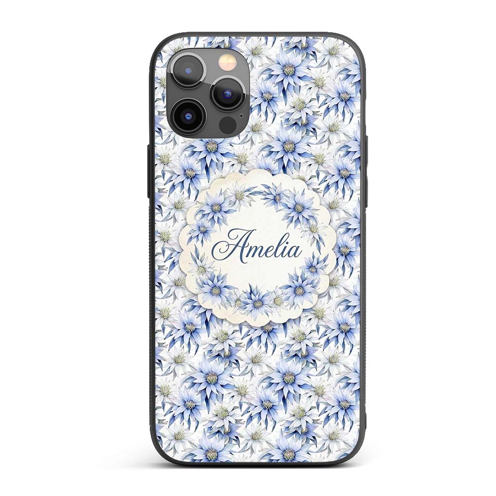 Elegant Blue Botanical Flower Watercolor Seamless Custom Name Protective Phone Case Mobile Cover Durable Everyday Smartphone Shock Resistant