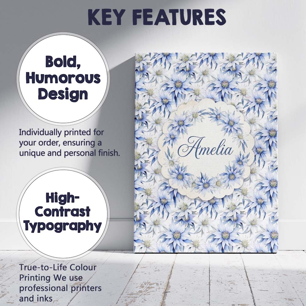 Personalised Name Elegant Blue Botanical Custom  Interior Decorative Contemporary Canvas Wall Art Print Decor Picture Ready to Hang