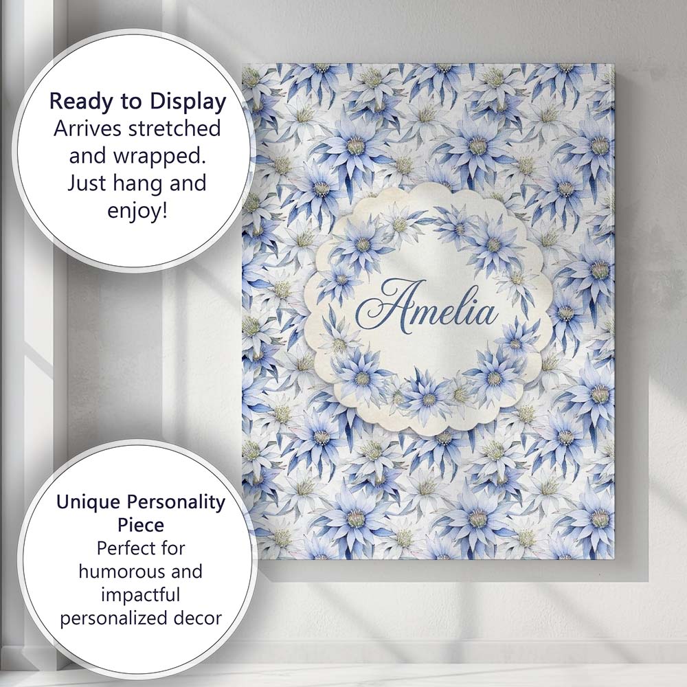 Personalised Name Elegant Blue Botanical Custom  Interior Decorative Contemporary Canvas Wall Art Print Decor Picture Ready to Hang