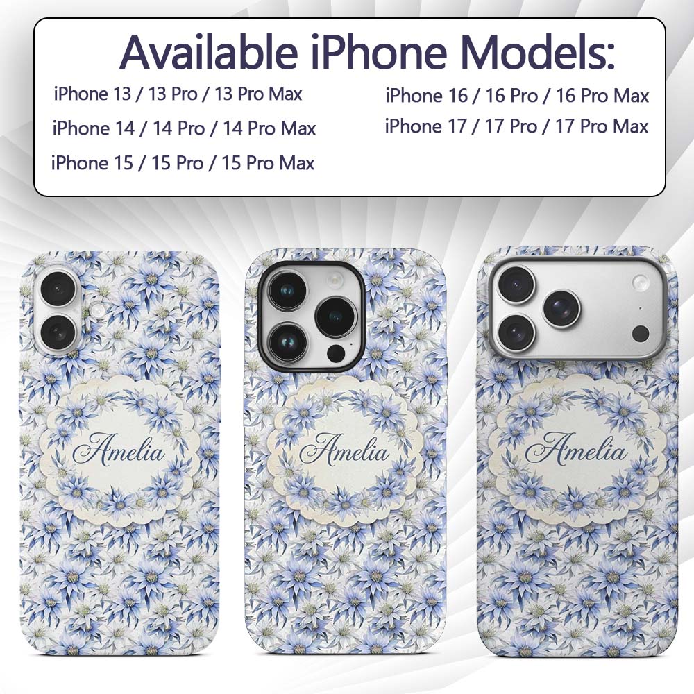Elegant Blue Botanical Flower Watercolor Seamless Custom Name Protective Phone Case Mobile Cover Durable Everyday Smartphone Shock Resistant