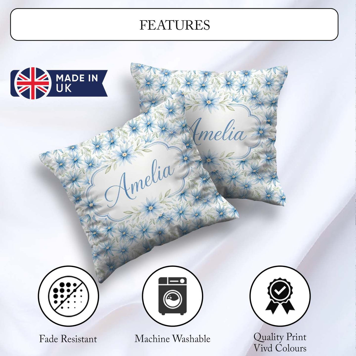 Custom Name Light Blue Daisy Style Floral Seamless Pattern Idea Square Filled Cushion Throw Pillow Sofa Bed Home Decor Zip Washable UK Made