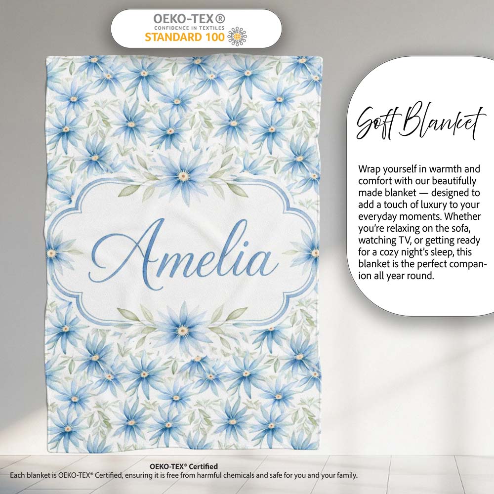 Light Blue Daisy Style Floral Seamless Pattern Thoughtful Gift Idea  Personalised Custom Name Super Soft Fleece Blanket Bed Sofa Throw