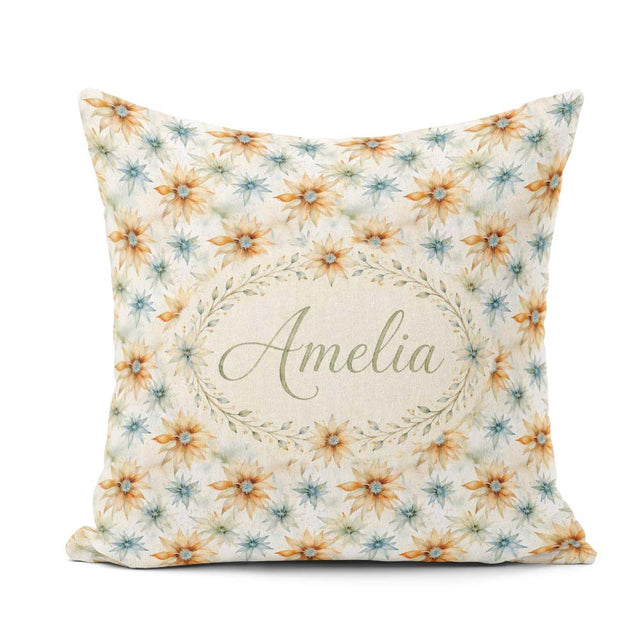 Custom Name Soft Orange and Blue Floral Seamless Pattern Lovely Square Filled Cushion Throw Pillow Sofa Bed Home Decor Zip Washable UK Made