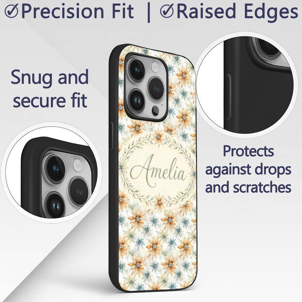 Soft Orange and Blue Floral Watercolor Seamless Custom Name Protective Phone Case Mobile Cover Durable Everyday Smartphone Shock Resistant