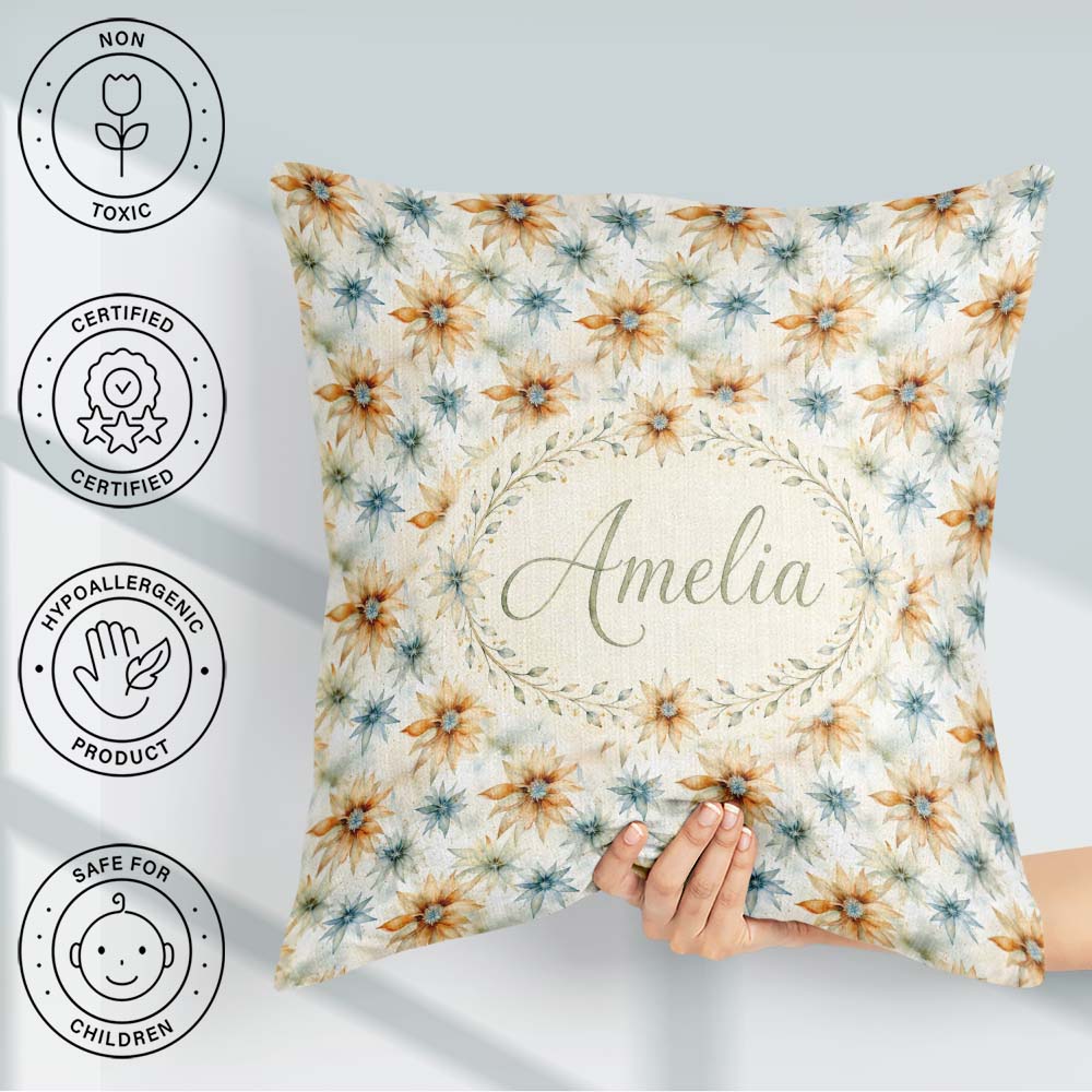 Custom Name Soft Orange and Blue Floral Seamless Pattern Lovely Square Filled Cushion Throw Pillow Sofa Bed Home Decor Zip Washable UK Made