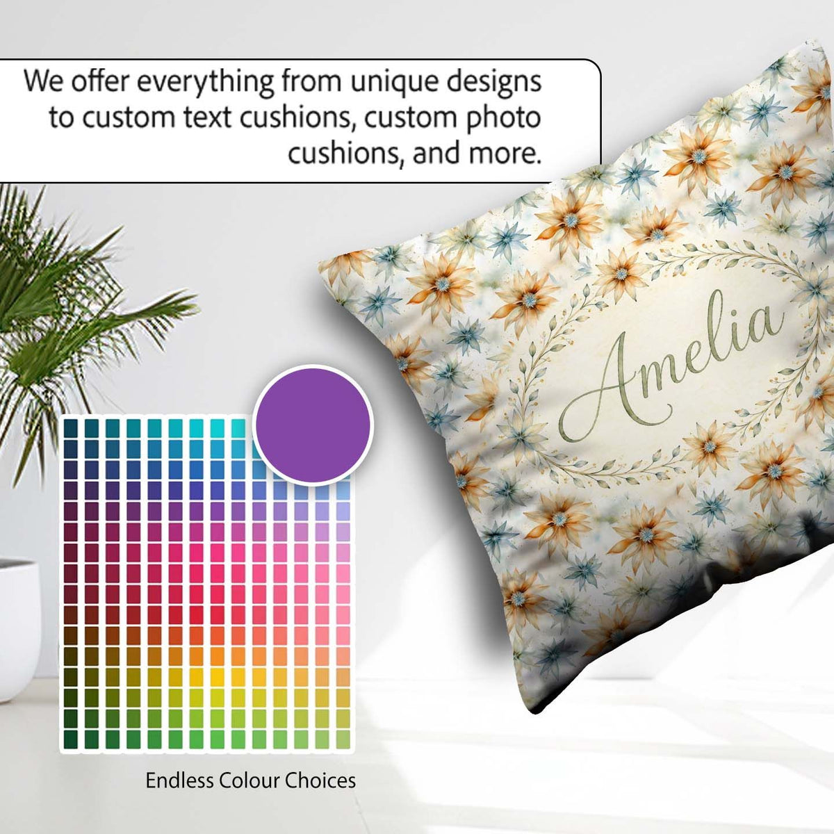 Custom Name Soft Orange and Blue Floral Seamless Pattern Lovely Square Filled Cushion Throw Pillow Sofa Bed Home Decor Zip Washable UK Made