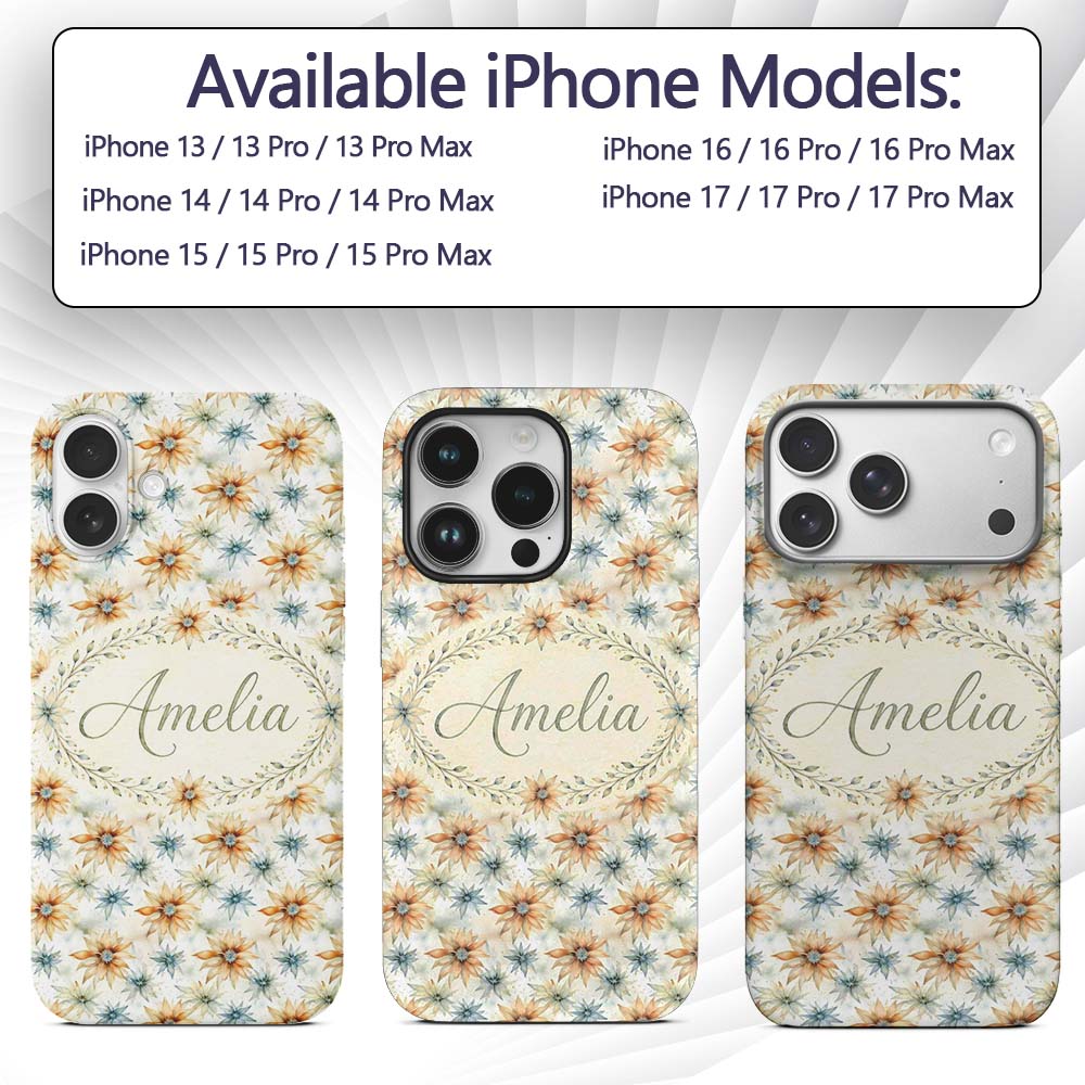 Soft Orange and Blue Floral Watercolor Seamless Custom Name Protective Phone Case Mobile Cover Durable Everyday Smartphone Shock Resistant