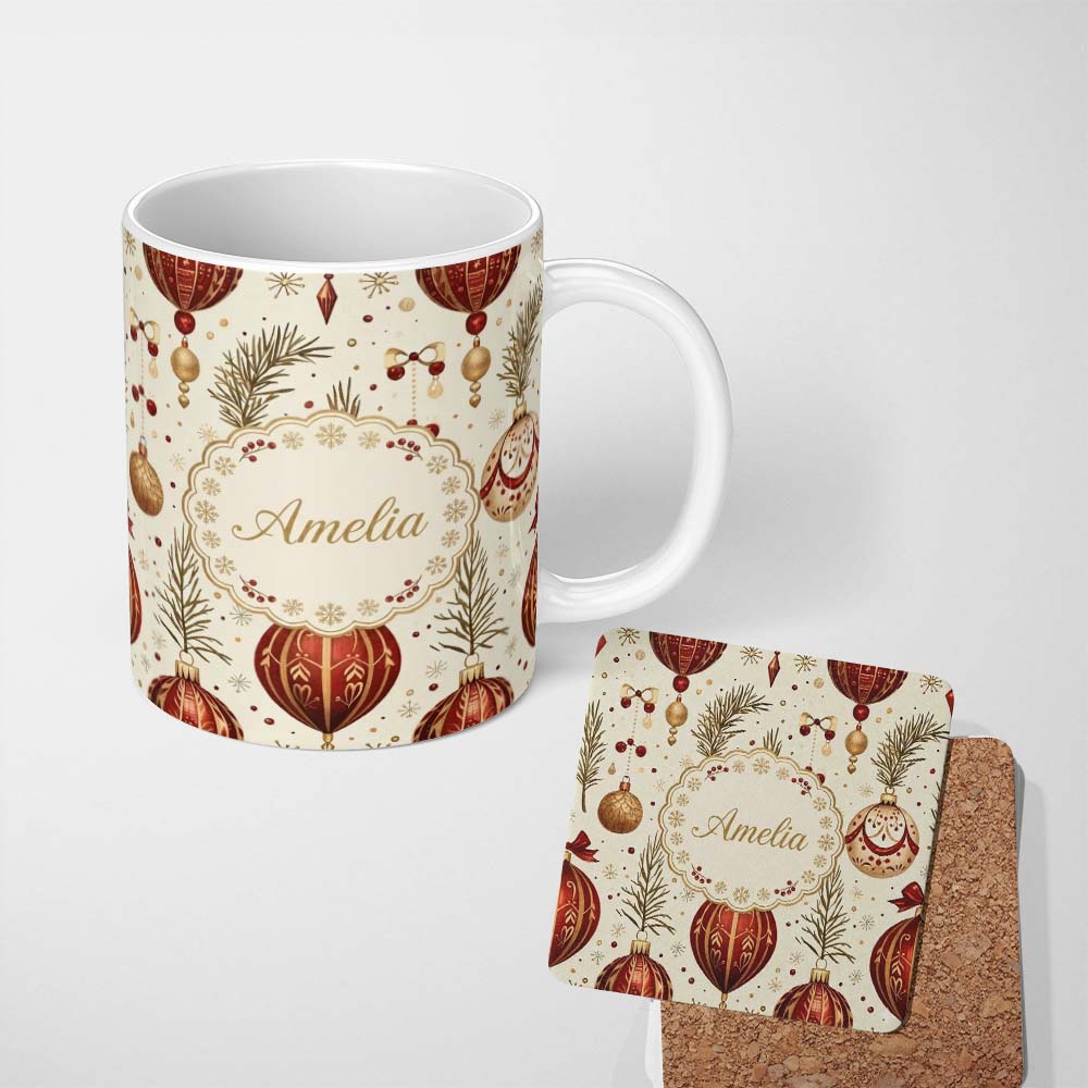 Personalized Custom Name Elegant Red Gold Christmas Baubles Pine Branch Seamless Pattern 11oz Ceramic Coffee Tea Mug White Large Handle