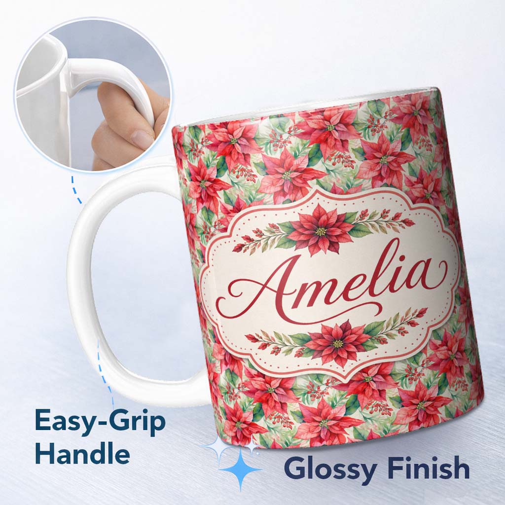 Personalized Custom Name Soft Watercolour Poinsettia Christmas Floral Seamless Pattern Lovely 11oz Ceramic Coffee Tea Mug White Large Handle